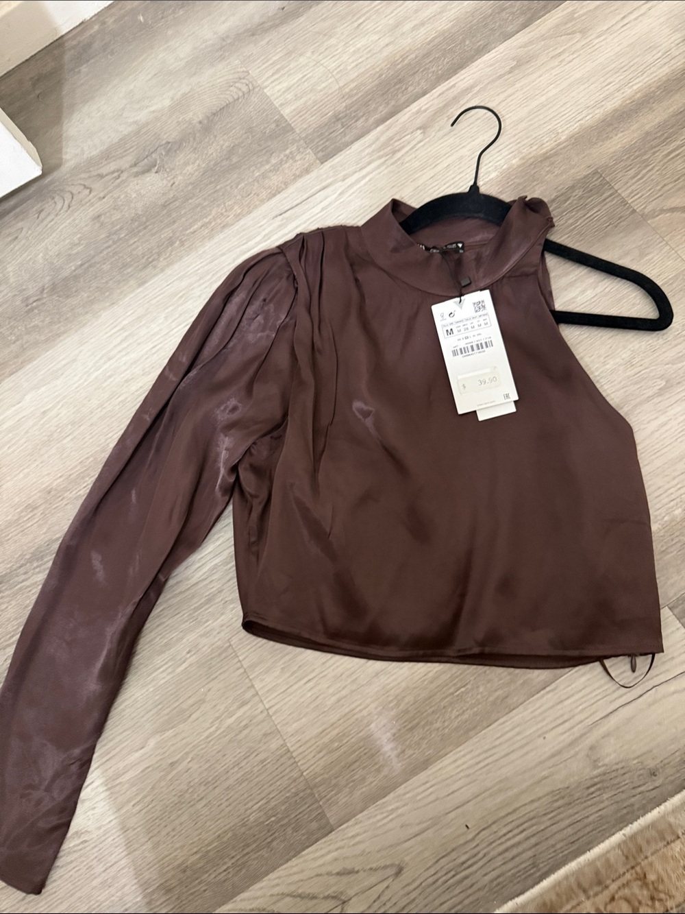 Zara Brown Satin Mock-Neck Blouse